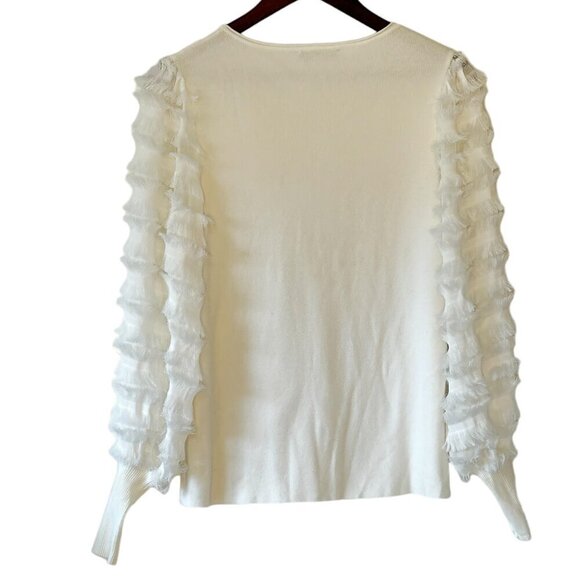 Sioni Milano Jewel Neck Women's White Sweater has Fringe Trim Bishop Sleeves Med - Picture 7 of 9